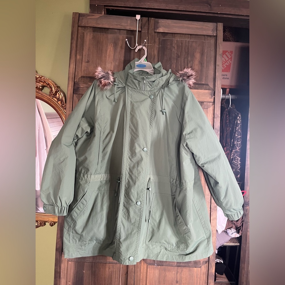 Woman Within Quilted Jacket - Olive Green with removable faux fur/hood